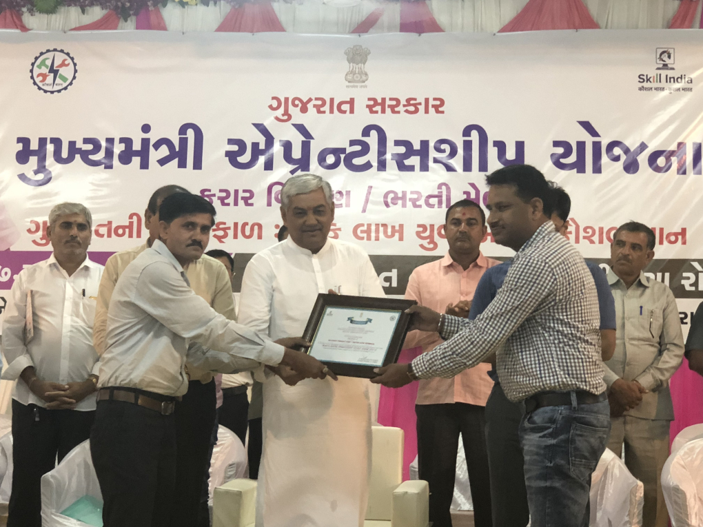 Appreciation certificate from Government of Gujarat for “Mukhya Mantri Apprenticeship Yojana” Apprentice Program